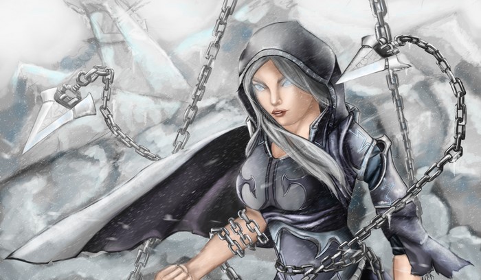 Warrior with chains and axes in snowy landscape