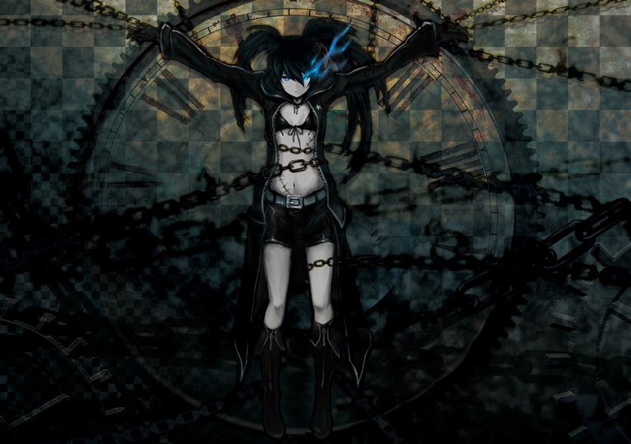 Black Rock Shooter chained in front of a clock face