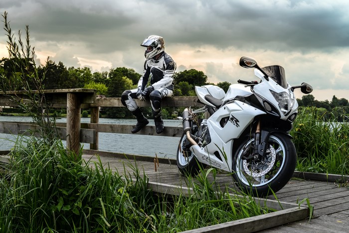 Motorcyclist and Suzuki GSX-R Sportbike by Lake