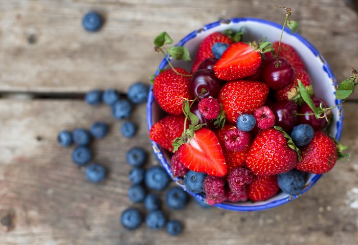 Bowl of Strawberries, Raspberries, Cherries, and Blueberries