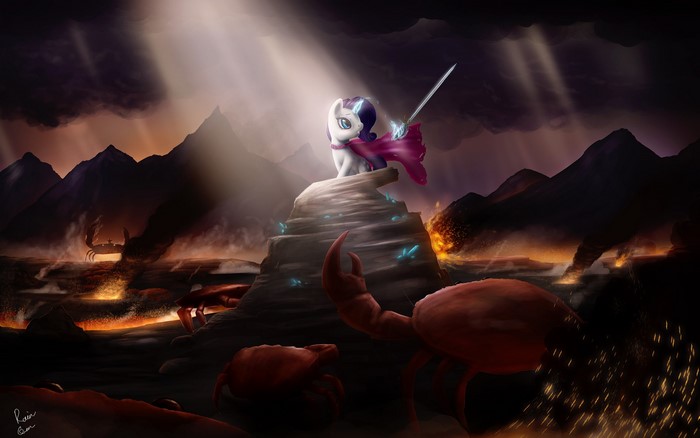 Rarity from My Little Pony with a sword on a rock