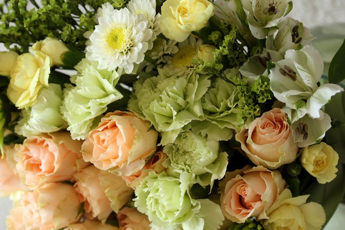Peach Roses, Green Carnations, White Chrysanthemums, and Alstroemeria Bouquet