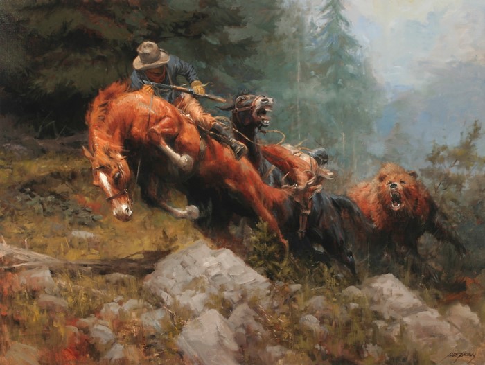 Cowboy and Horses Attacked by Grizzly Bear
