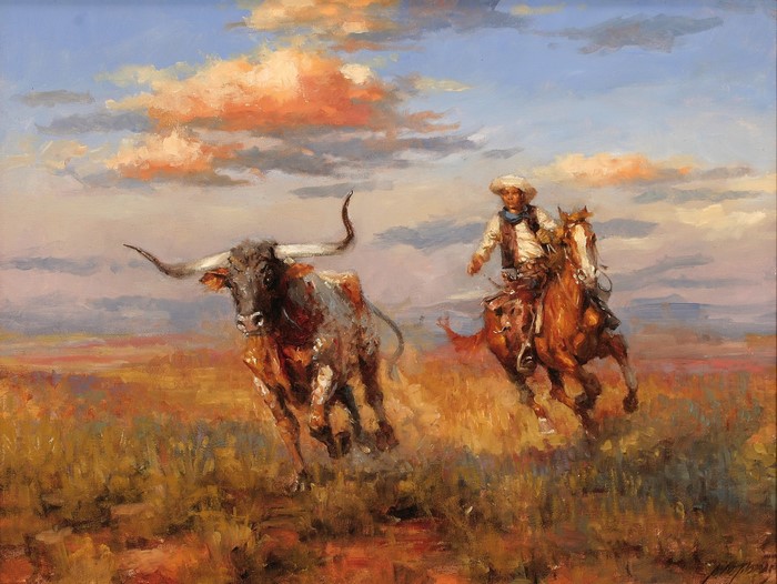 Cowboy on Horseback Chasing a Longhorn Bull