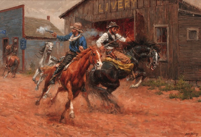 Cowboys in a shootout at a livery stable