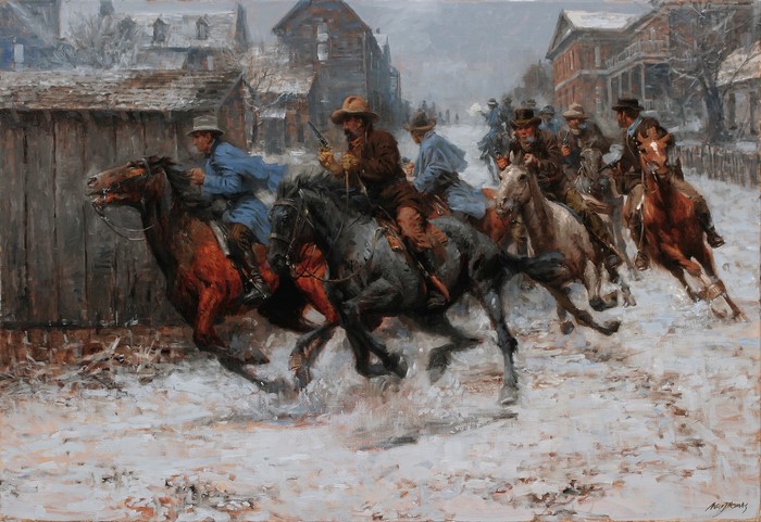 Men on horseback in a snowy town