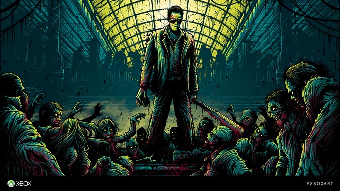 Frank West from Dead Rising surrounded by zombies