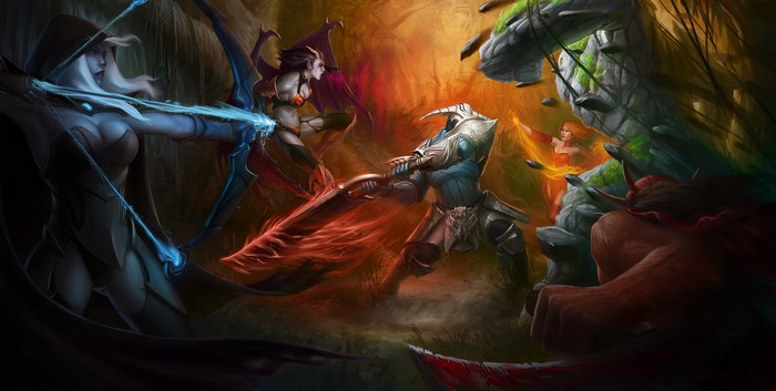 Dota 2: Drow Ranger, Queen of Pain, Sven, Lina, and Tiny Battle
