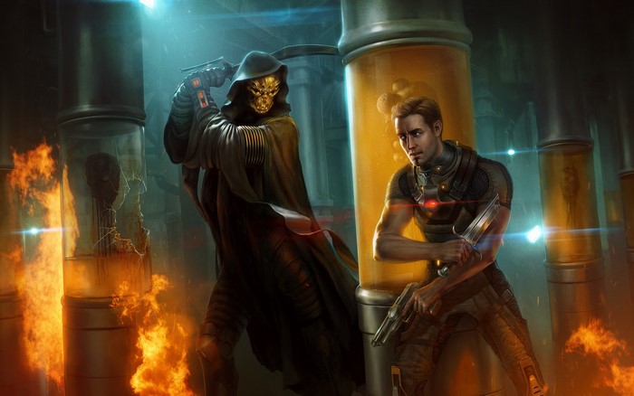 Warrior in a golden mask and a man with a gun in a lab