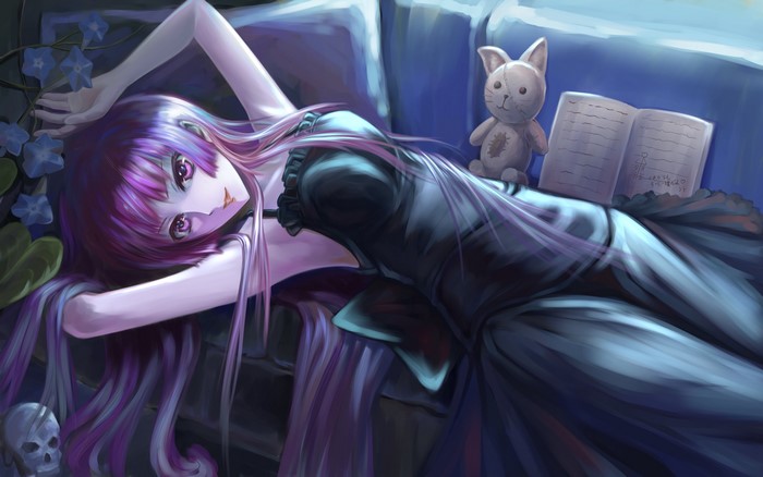 Girl in a black dress with purple hair