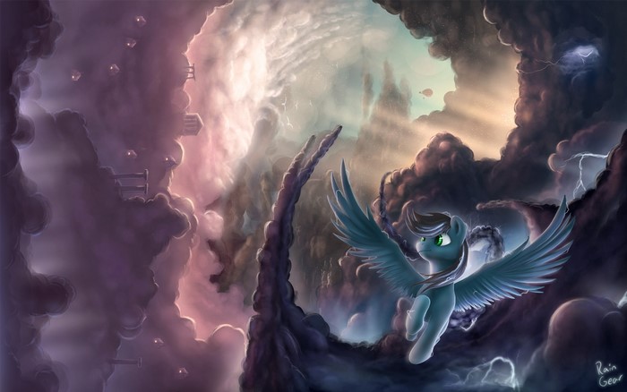 Pegasus pony flying through stormy clouds