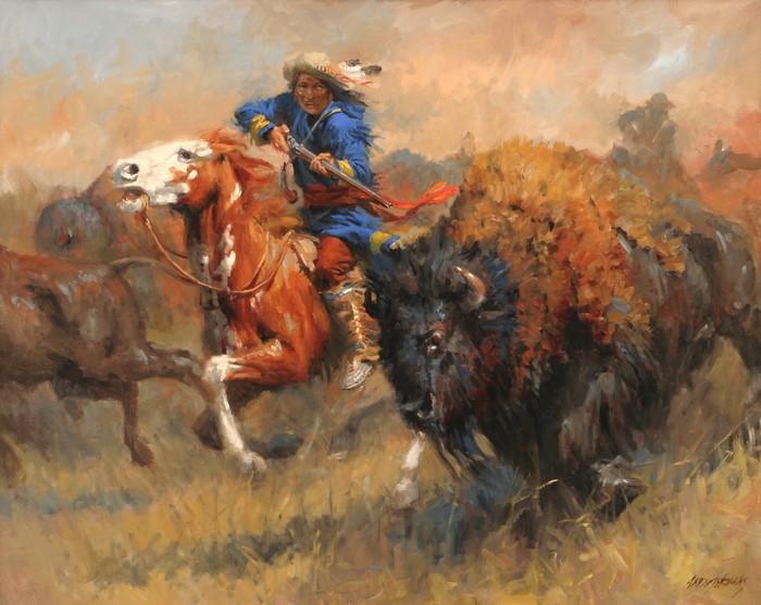 Native American Hunter on Horseback with Bison