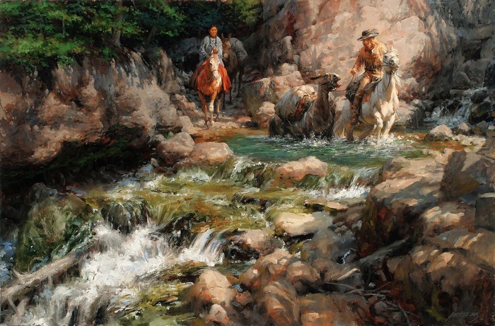 Andy Thomas Mountain Man Indians Horses Crossing River