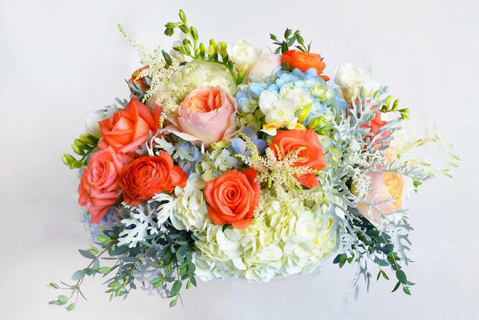 Coral Roses, Ranunculus, Hydrangea, and Freesia Bouquet