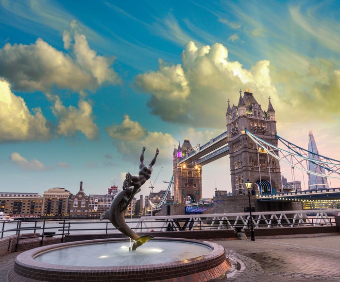 London Tower Bridge and Fountain Sculpture