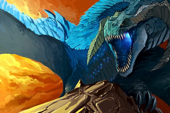 Dragon roaring with a person on a rock