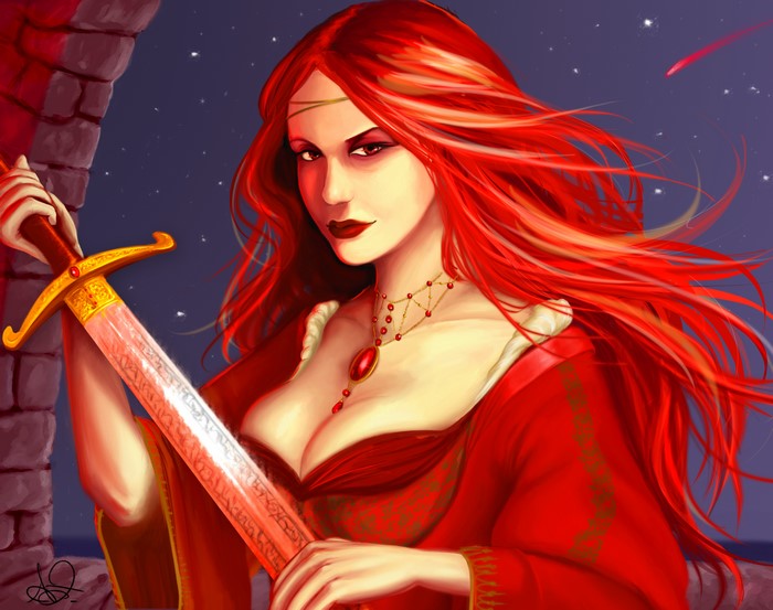 Melisandre from Game of Thrones with a sword