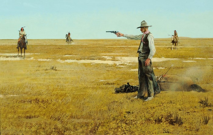 Cowboy aims pistol at Native Americans on horseback