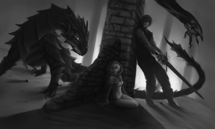 Dragon, Warrior, and Hooded Figure by a Pillar