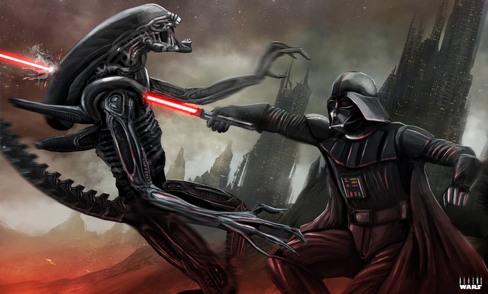 Darth Vader fighting an Alien