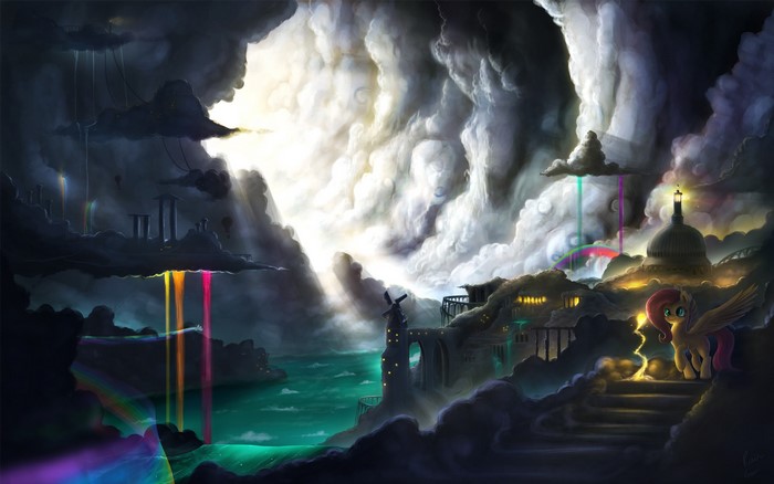 Fluttershy from My Little Pony in a cloudy, surreal landscape