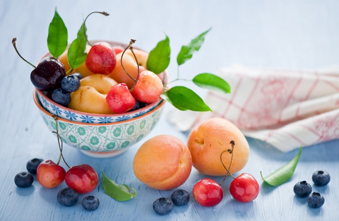 Bowl of Cherries, Apricots, and Blueberries