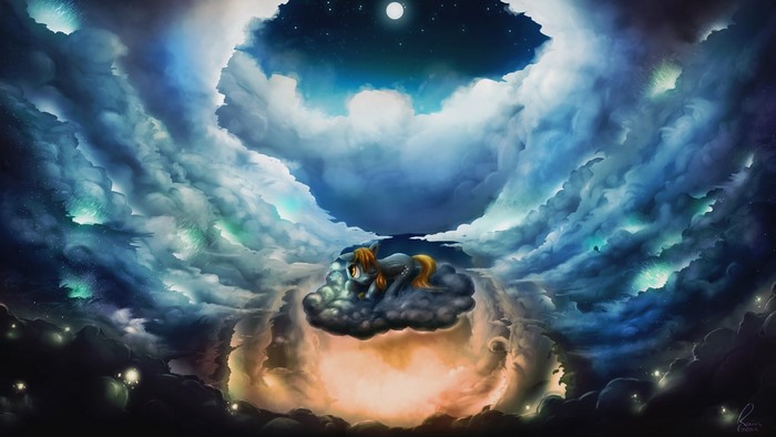 Pony resting on a cloud under a starry sky