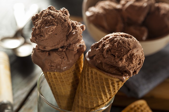 Chocolate ice cream cones in a glass