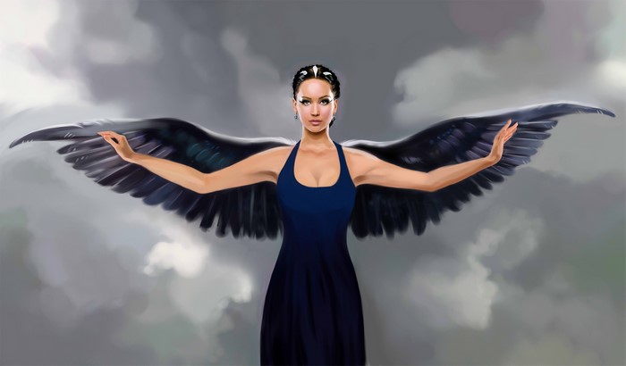 Jennifer Lawrence as Katniss Everdeen with black wings