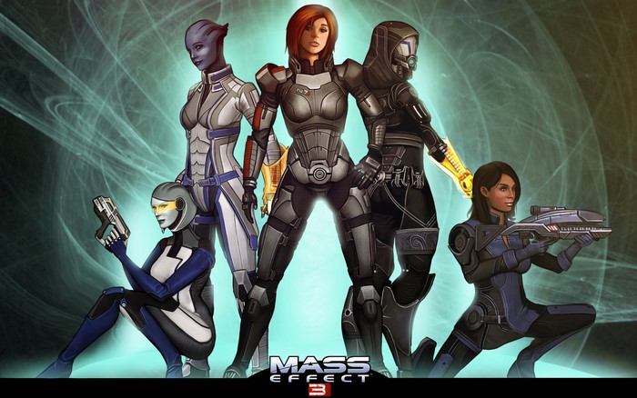 Mass Effect 3 characters standing and kneeling