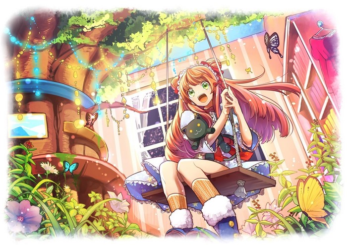 Monika on a swing with a cat plushie