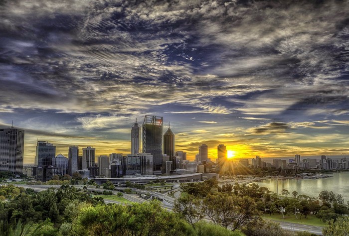 Perth Skyline at Sunrise with Dramatic Clouds