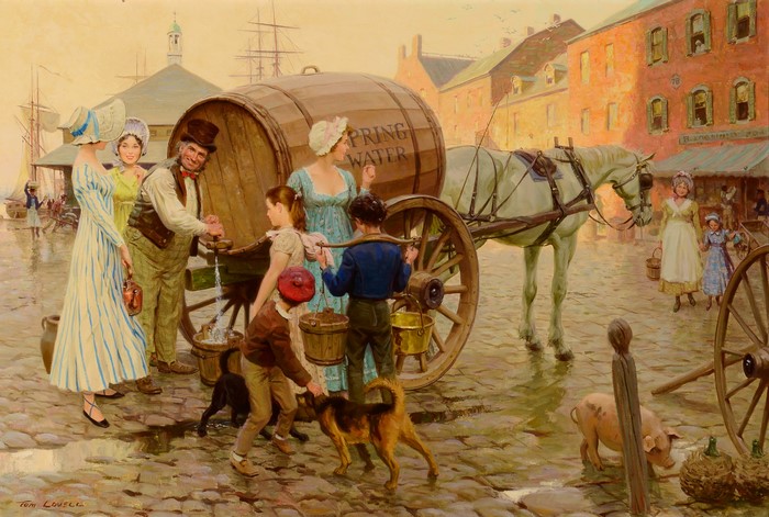 Tom Lovell painting of a water vendor with a horse-drawn cart