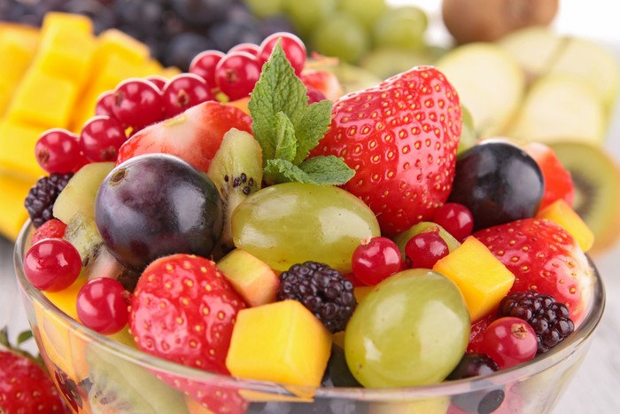 Fruit Salad with Strawberries, Grapes, and Mango