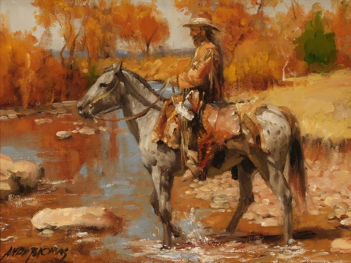 Andy Thomas Painting of Trapper on Horse in Autumn