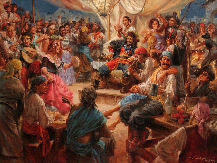 Pirate celebration with music and dancing
