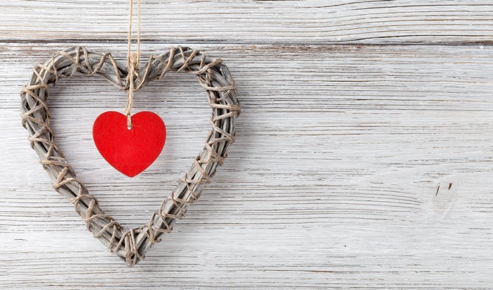 Valentine's Day heart decorations on wood
