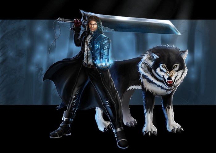 Vampire Hunter with Sword and Wolf