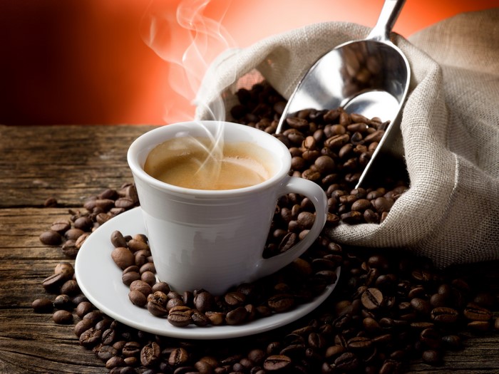 Cup of Coffee with Beans and Bag