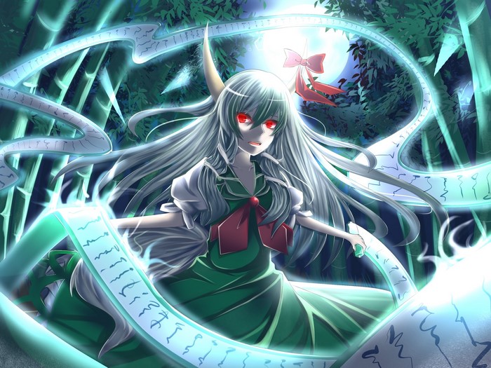 Keine Kamishirasawa from Touhou Project with magical scrolls