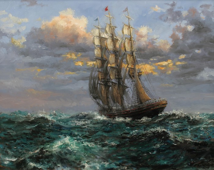 Sunset Clipper Sailing on Rough Sea