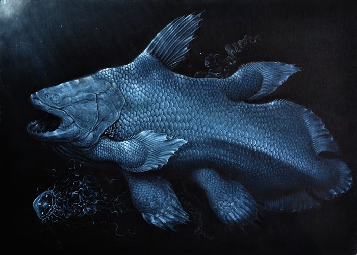 A prehistoric coelacanth fish swims in the dark ocean