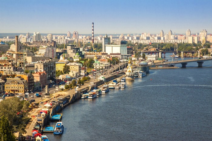 Kyiv cityscape with Dnipro River and bridges