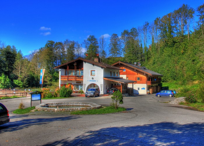 Hofladen building with fountain in Berchtesgaden, Germany