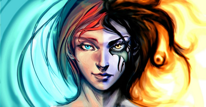 Split face with blue and orange elements