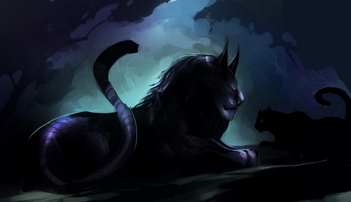 Magical black lions with glowing red eyes