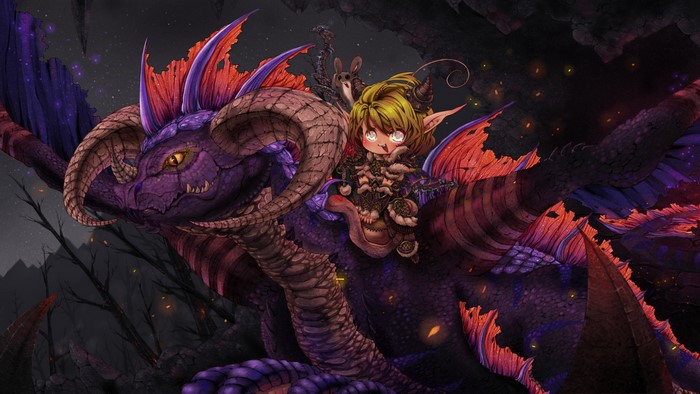 Elf riding a purple dragon in a dark forest