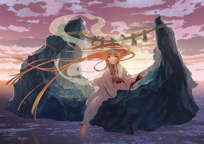 Anime girl with orange hair on rocks at sunset