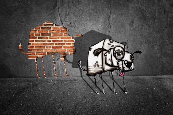 Graffiti dog emerging from a brick wall
