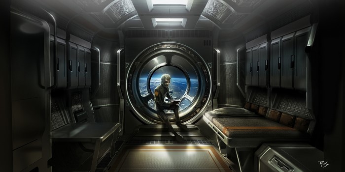 Character in spaceship cabin looking out window at Earth